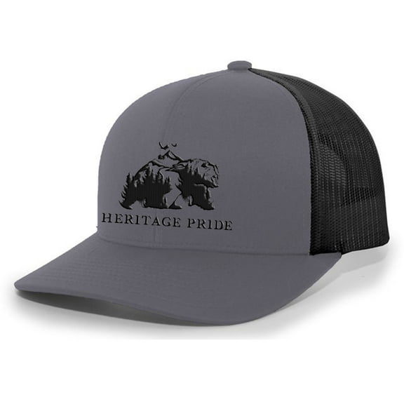Heritage Pride Bear Mountain Scenic Nature Mens Embroidered Mesh Back Trucker Hat Baseball Cap, Charcoal/Black