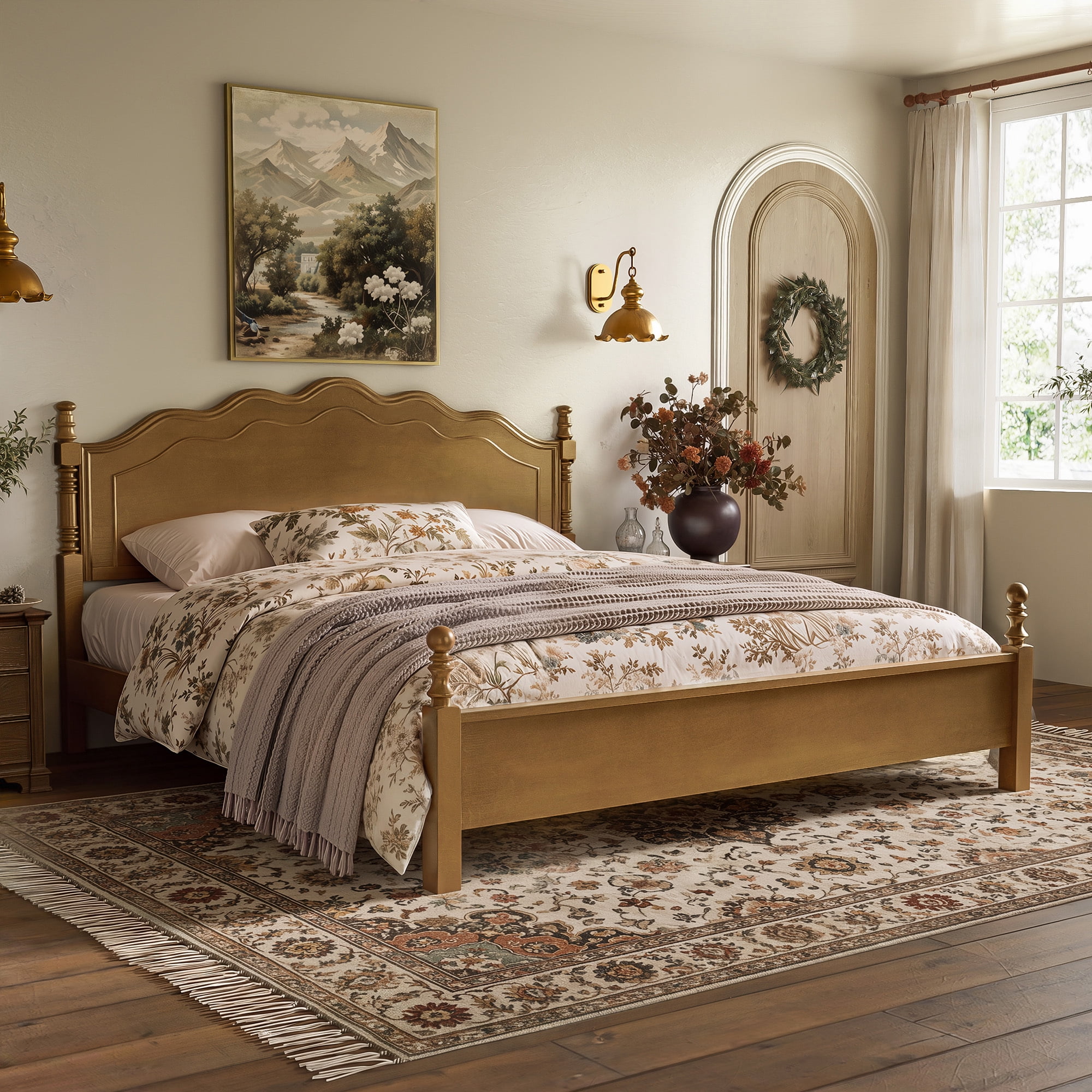 Euroco Wood King Size Platform Bed, Classic American Vintage Style Wood Bed with Curved Headboard, No Box Spring Needed, Dark Oak