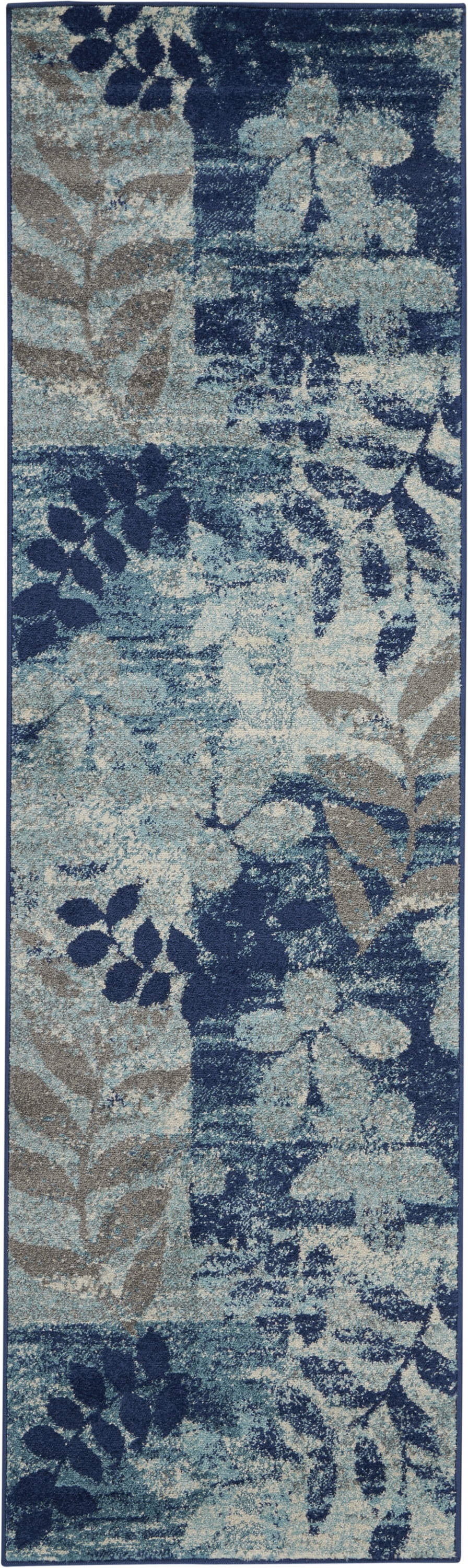 Serene Modern Botanical Navy/Light Blue 2'3" x 7'3" Area Rug, (2' x 7')