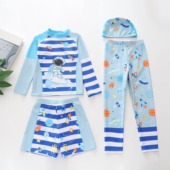 CUZIBR Toddler 4 Piece Swimsuit Long Sleeve Rash Guard Swimwear Raglan Sleeve Striped Cartoon Graphic Tshirts Top Drawstring Waist Trousers Trunks Hat Upf 50 Sun Color Block Beachwear,Blue,4-5 Years