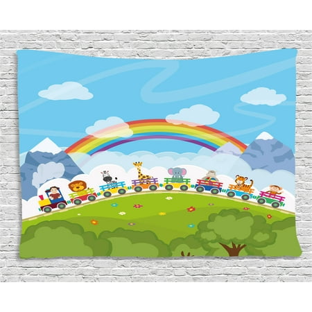 Train Mountain Railroad - Nursery Tapestry, Cartoon Railway Train with Various Animals and a Rainbow Mountains Clouds Trees, Wall Hanging for Bedroom Living Room Dorm Decor, 80W X 60L Inches, Multicolor, by Ambesonne