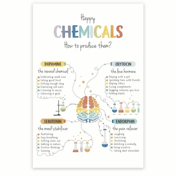 Happy Chemicals Poster - Neurobiology Poster - Dopamine Oxytocin Serotonin Endorphin - Neurochemistry Brain Chart - 12 x 18 Inch Poster - Unframed - Premium 100lb Gloss - Made In USA - BMCP0324