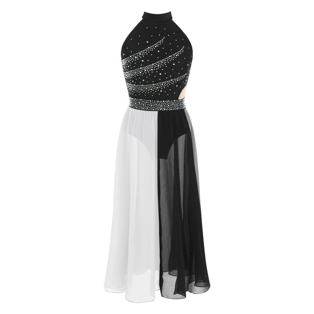Rswnyirn Robe de Danse Lyrique pour Filles à Blocs de Couleur, Justaucorps de Ballet en Chiffon Fluide, Tenue de Danse Moderne Noire 8