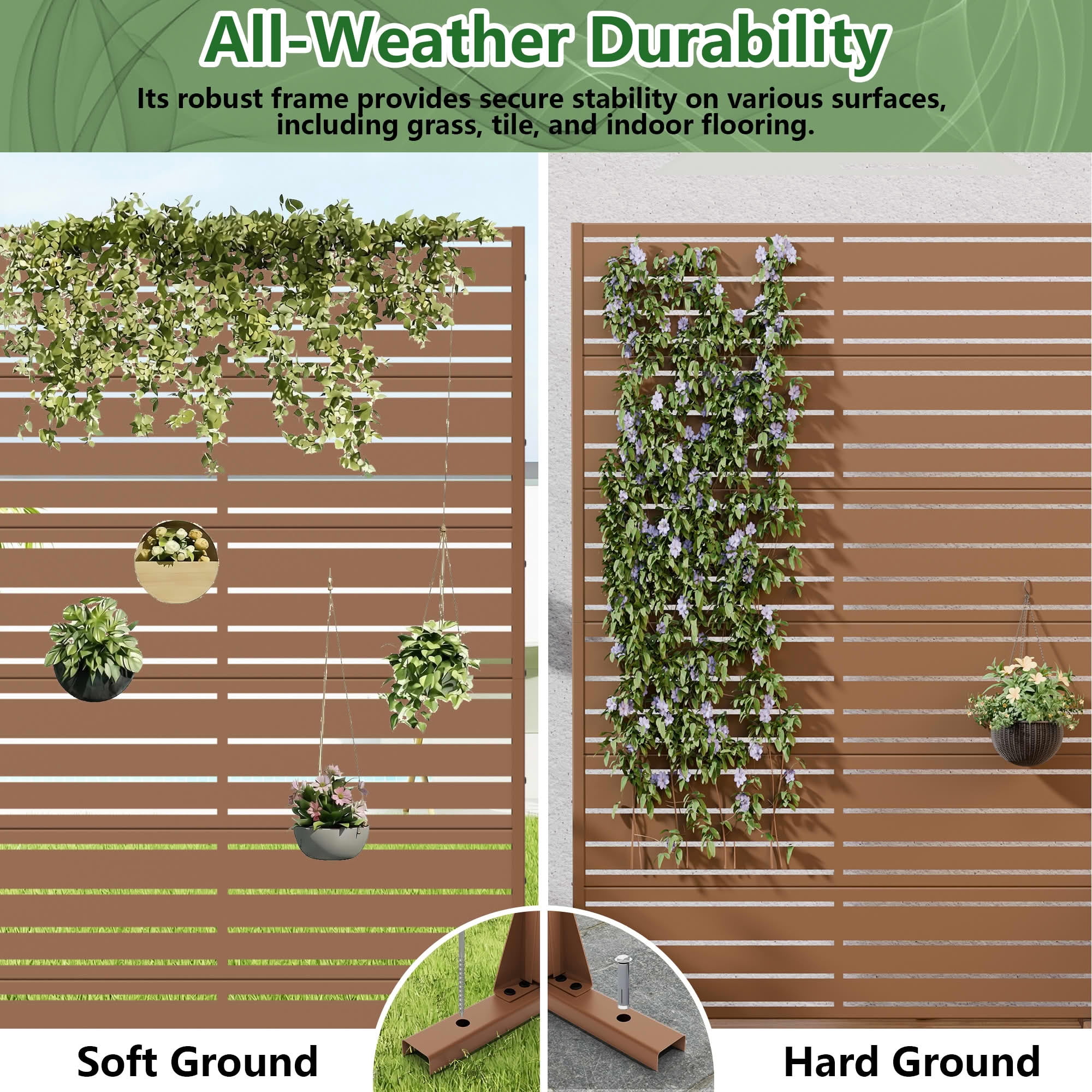 MAYEERTY 72"x47" Outdoor Privacy Screen, Brown 6-Panel Galvanized Steel Louver Panel, Wide-Narrow Pattern, for Balcony Deck Garden