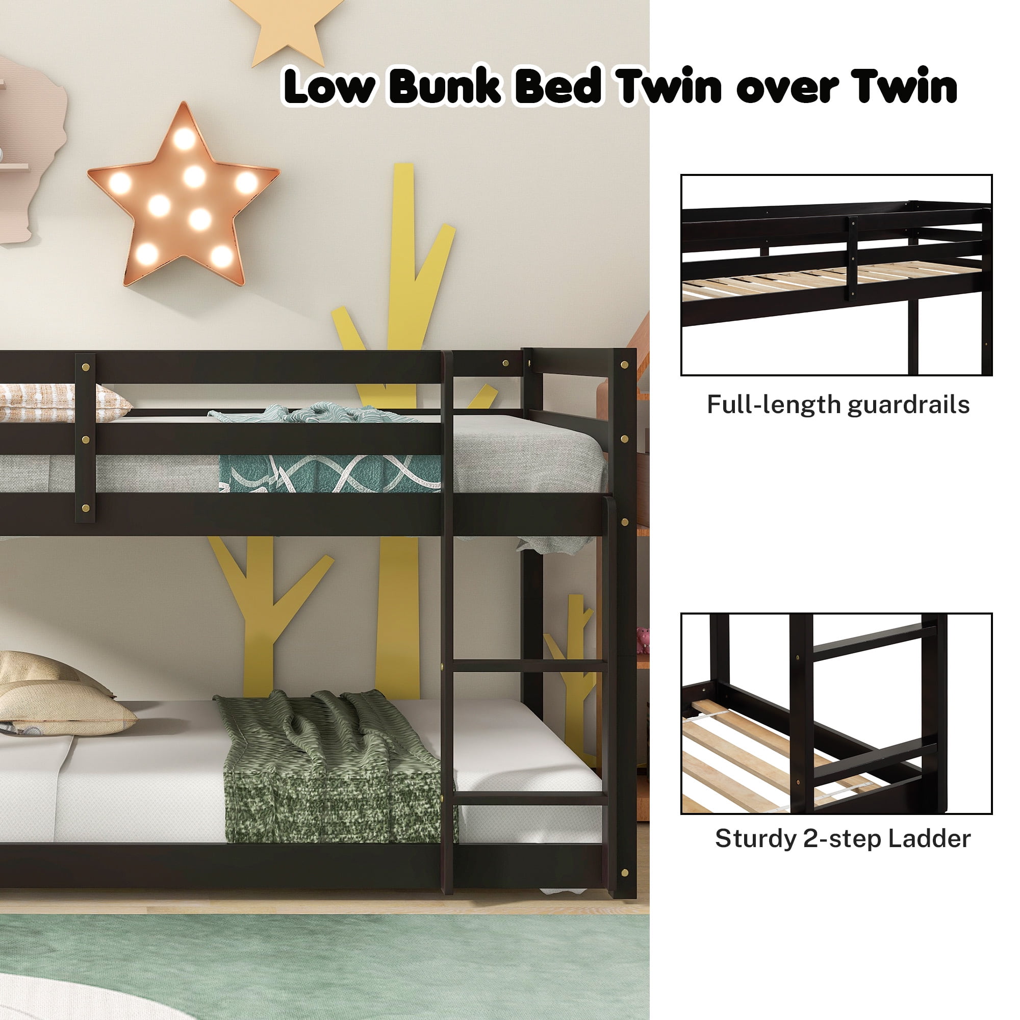PORKISS Bunk Beds for Kids, Twin over Twin Floor Bunk Bed with Safety Rail and Ladder, Solid Wood Low Bunk Bed Frame for Boys Girls, No Box Spring Needed, Espresso