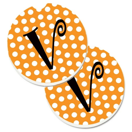 

Carolines Treasures CJ1033-VCARC Monogram Initial V Orange Polkadots Set of 2 Cup Holder Car Coasters Large