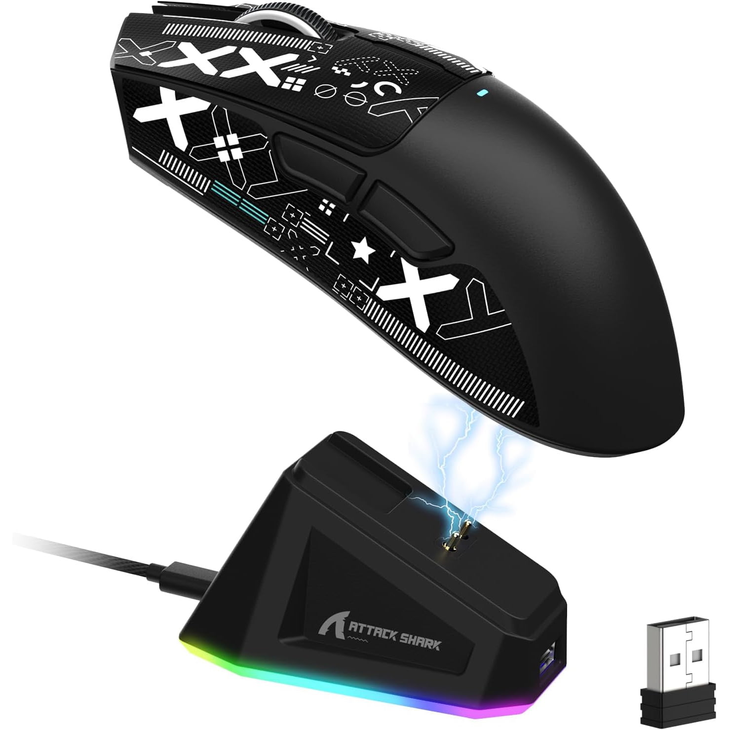ATTACK SHARK X11 Wireless Gaming Mouse with RGB Magnetic Charging Dock, PixArt PAW3311 Sensor, Ultralight 59g Tri-Mode Gaming Mouse with Tape, Wired/2.4G/BT, 22K DPI for PC/Mac-Black&Tape