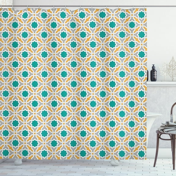 Ambesonne Teal Shower Curtain, Oriental Eastern Design, 69"Wx70"L, Mustard Teal and Grey