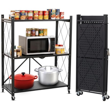 3-Tier Folding Shelf, No Assembly Metal Shelving Unit with Wheels, Heavy Duty Folding Bookshelf, Space Saving Foldable Storage Shelf for Kitchen, Books, Pantry, Bathroom Organization