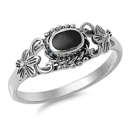 Sterling Silver Women's Simulated Black Onyx Flower Bali Rope Design Ring (Sizes 4-10) (Ring Size 9)