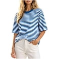 thumbnail image 2 of Summer Tops for Women Vacation Outfits Trendy Crewneck Striped Short Sleeve Shirts Loose fit Breathable T Shirts | CSEONE,Sky Blue S, 2 of 8