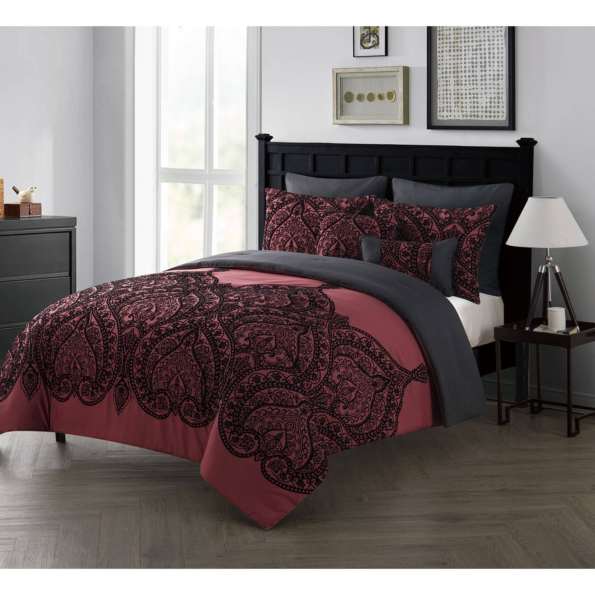 Vcny Home Flocked Paisley 7 Piece Bedding Comforter Set With Euro