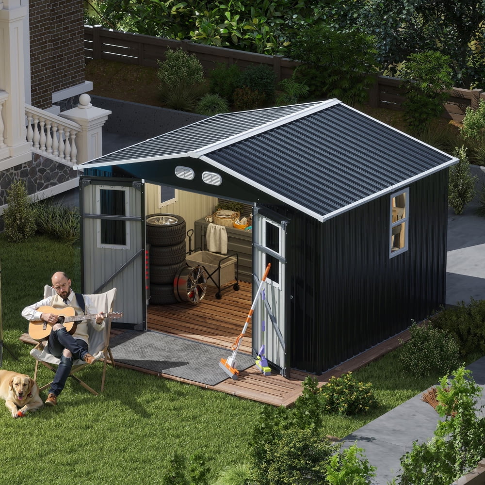 8x8 FT Storage Shed with Protective Film, 4 Windows & Lockable Doors in Dark Gray