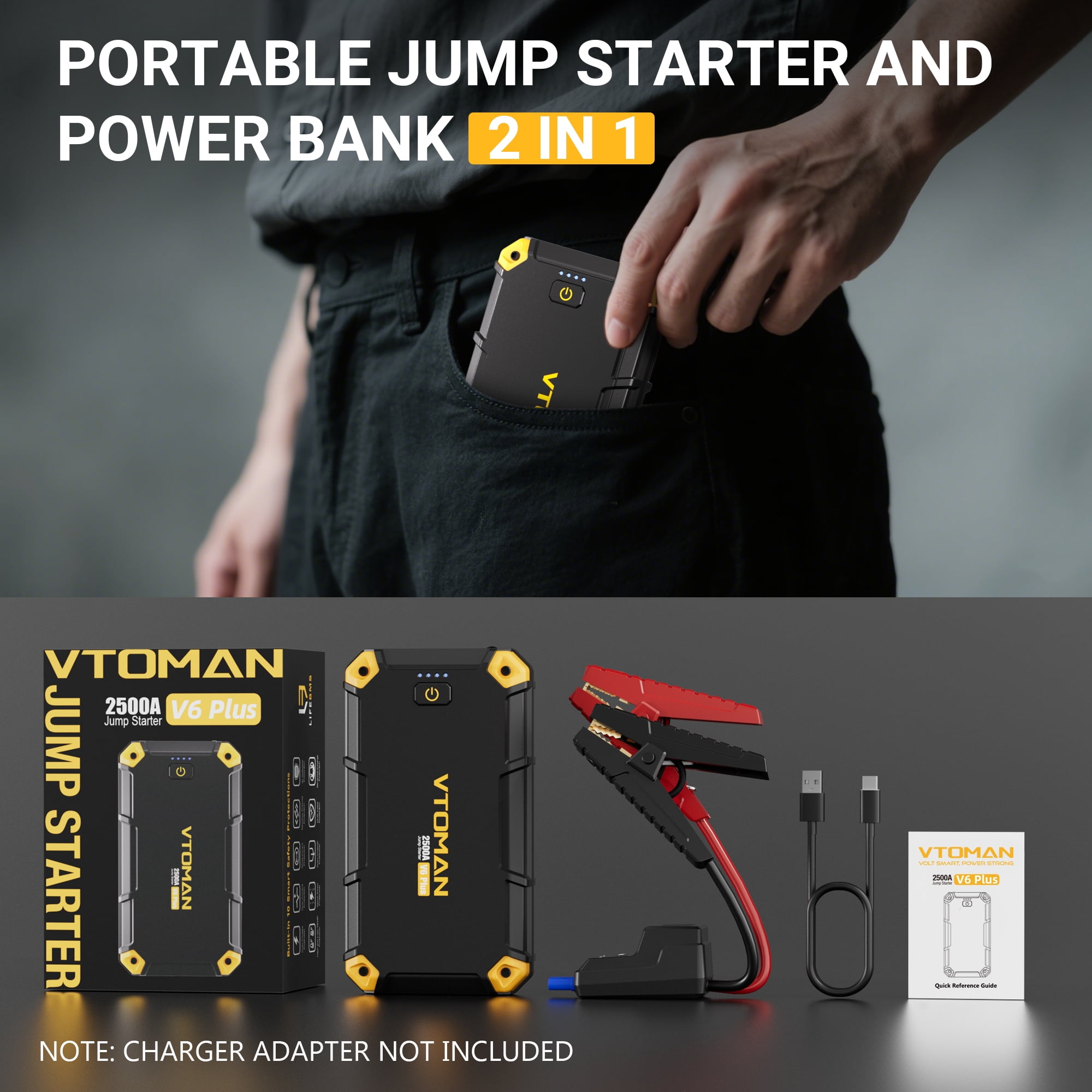 VTOMAN 2500A Car Jump Starter, Portable Battery Jumper for 12V Vehicles (6.0L Gas/4.0L Diesel), 10000mAh Fast Charging & Jumper Cables, V6 Plus