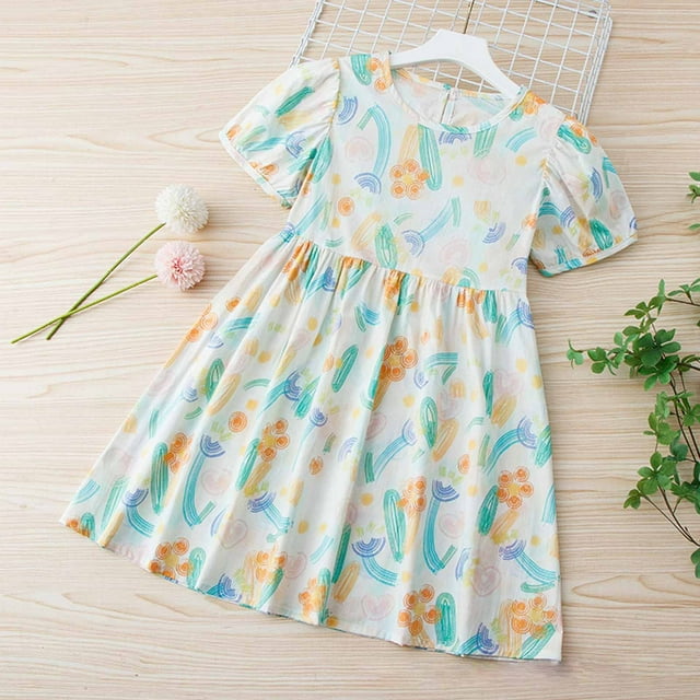 Économies d'Été! Robe d'Été pour Enfants, Robes Décontractées pour Filles en Solde, Robe à Manches Courtes pour Bébé Fille Imprimé Graphique Manches Bouffantes