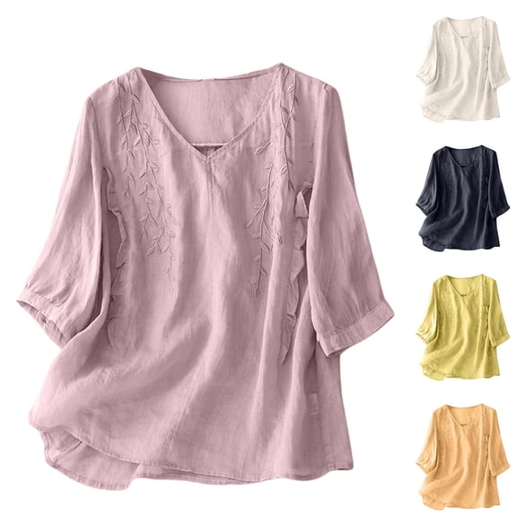 Women's Cotton Linen Short Sleeve Button Shirt Embroidered Casual Top