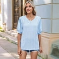 thumbnail image 4 of Womens Puff Short Sleeve Shirt Summer Tops V Neck Casual T Shirts Loose Fit Blouses Light Blue L, 4 of 6