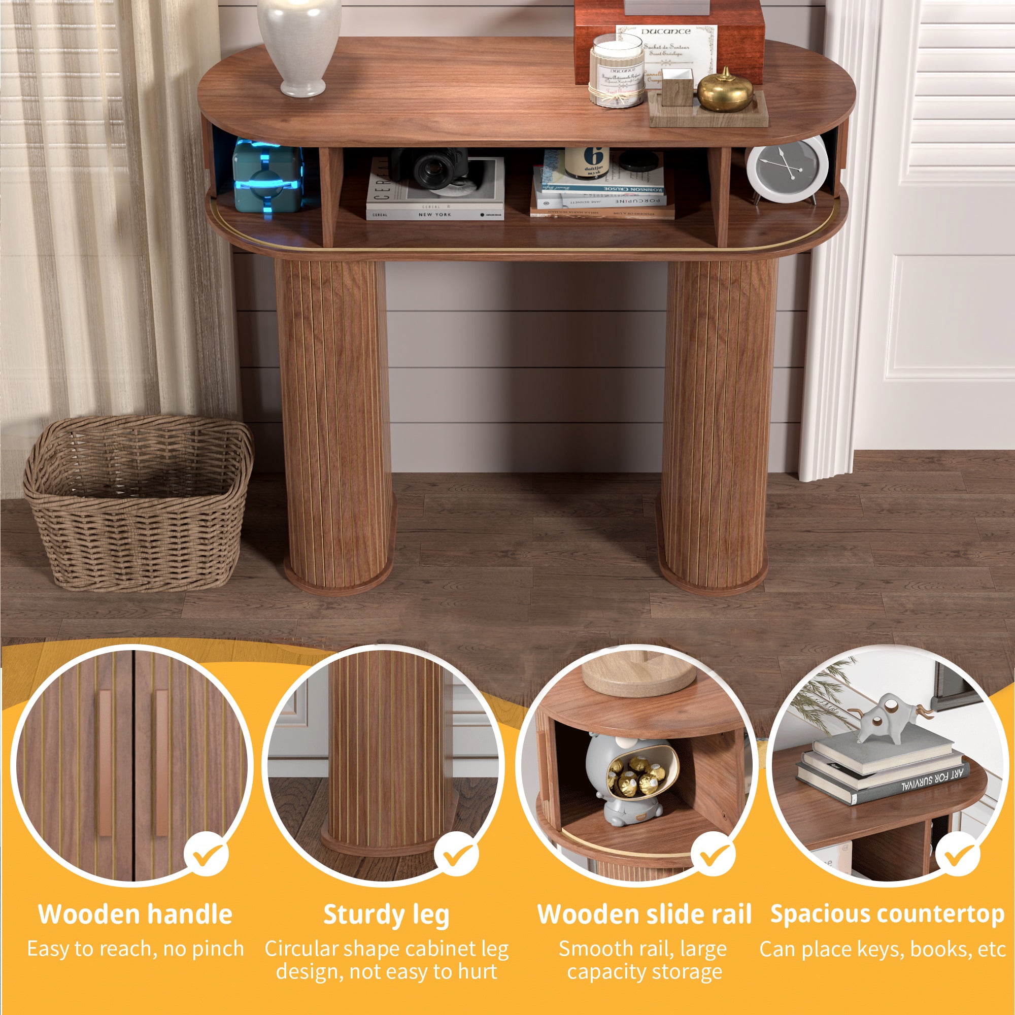 Furtivusia Console Table with Storage, Entryway Table with Sliding Door, Wood Sofa Table for Living Room, Foyer, Hallway, Walnut Color