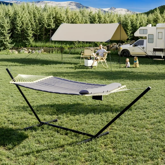 Patio Hammock with Stand – Heavy Duty 2-Person 12FT – 450 lb Capacity, UV & Weather-Resistant Polyester – Hardwood Bar – Portable, Carry Bag – Backyard, Garden, Poolside & Beach – Dark Gray