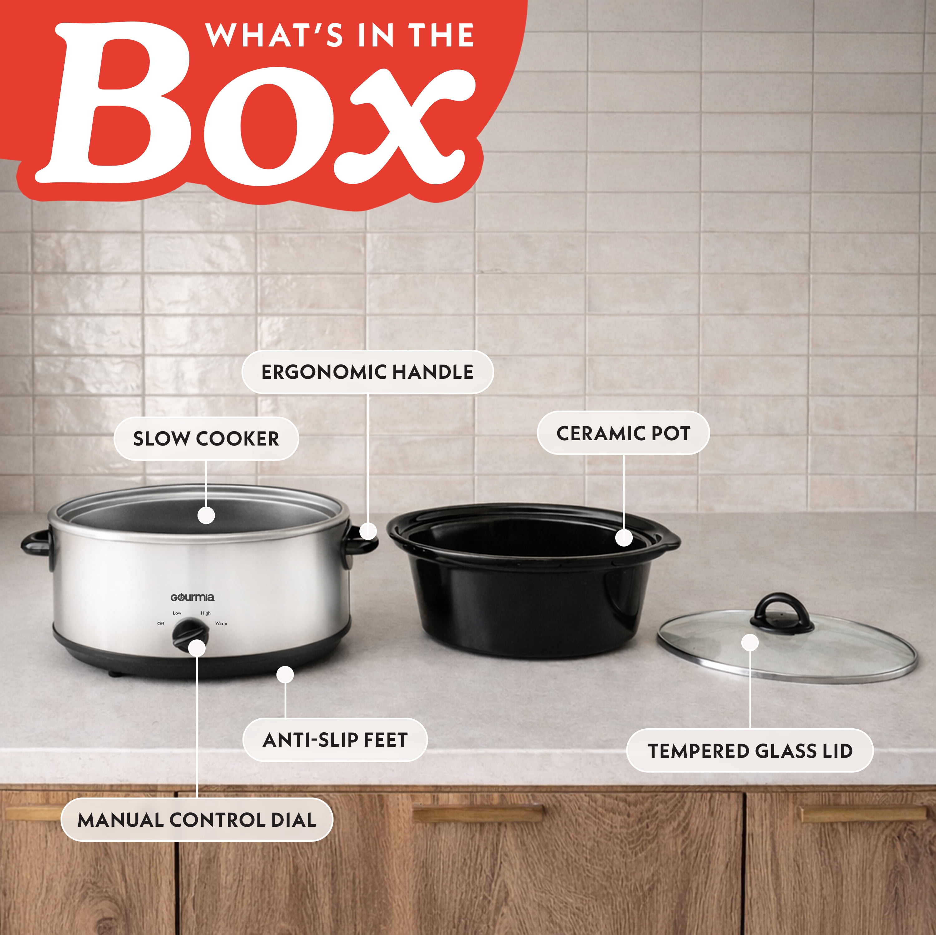 Gourmia 6 Qt Manual Slow Cooker, 3 Heat Settings, Removable Ceramic Pot, White
