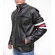 thumbnail image 2 of Chamarra de piel negra para caballero con líneas blancas y roja alrededor del brazo, una bolsa en pecho, dos bolsas en cintura y cuello de broche Castelli Leather Authentic House Universitaria con líneas blancas y roja alrededor del brazo, 2 of 4