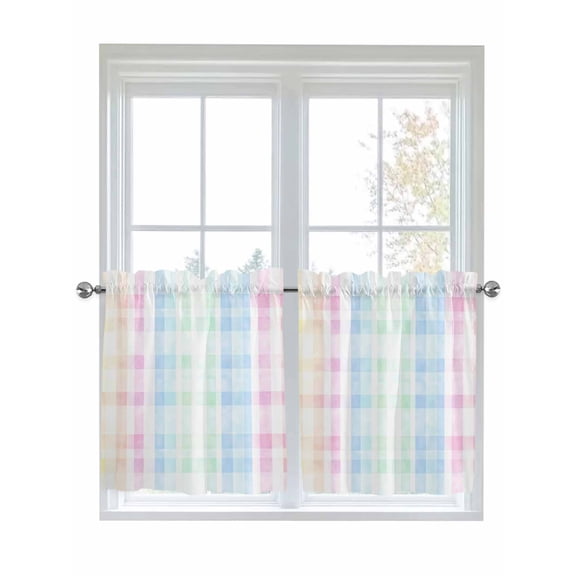 Half Window Curtain 36 Inches Long, Blue Pink Plaid Window Treatment Curtain Drapes, Pastel Green White Buffalo Patchwork Small Tier Curtains for Bathroom Over Sink, 27.5"x36", 2 Panels