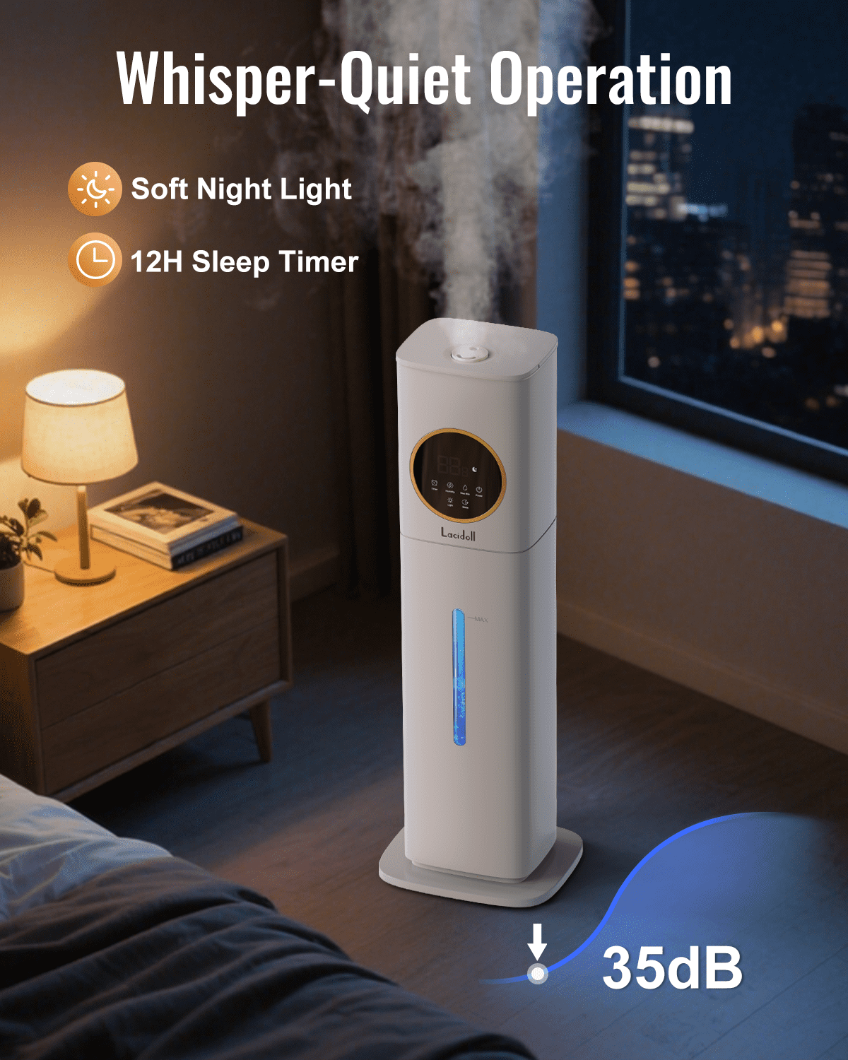 2.1Gal/8L Cool Mist Humidifier for Room Bedroom, Large Room Humidifier for Home Whole House, Quiet Ultrasonic Humidifier with Night Light, White, Lacidoll