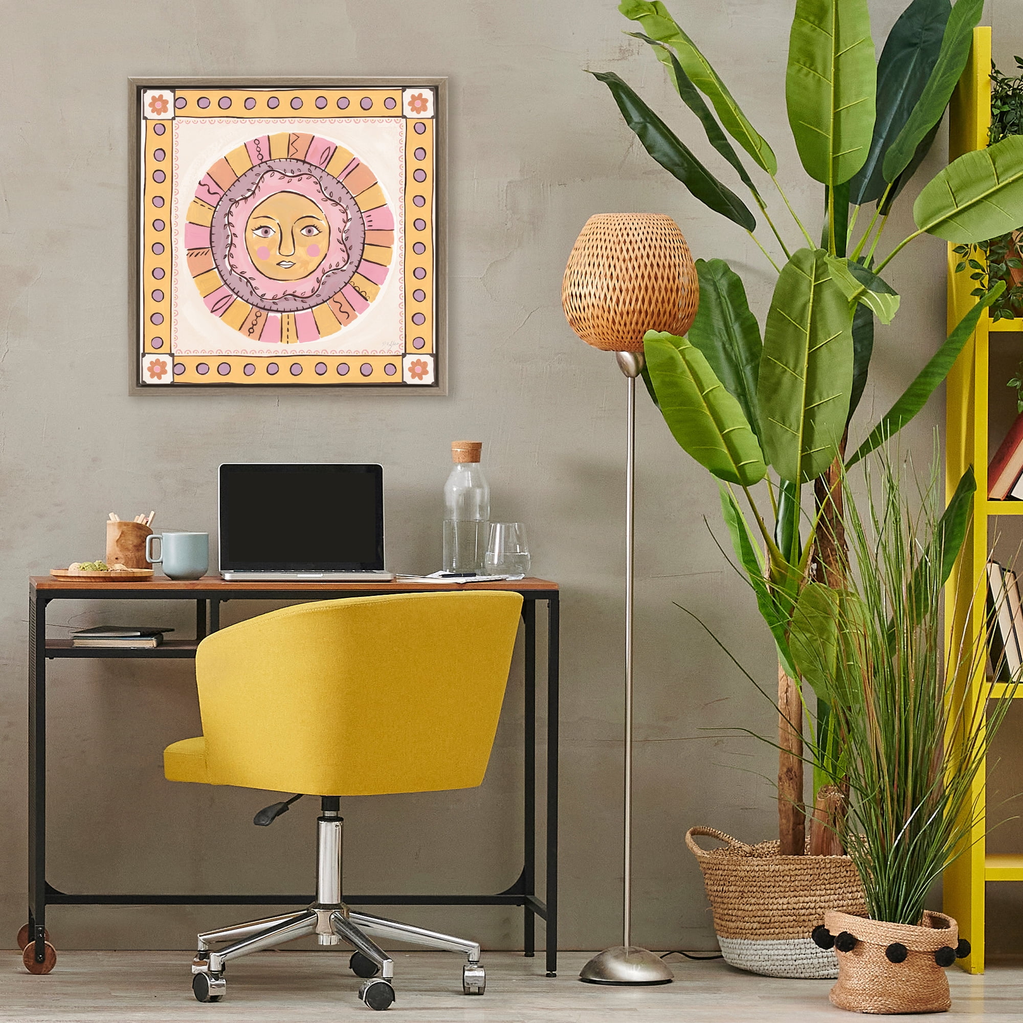 Stupell Industries Pastel Sun Face with Border Brown Framed Floater Canvas Wall Art, design by Two If By Sea Studios
