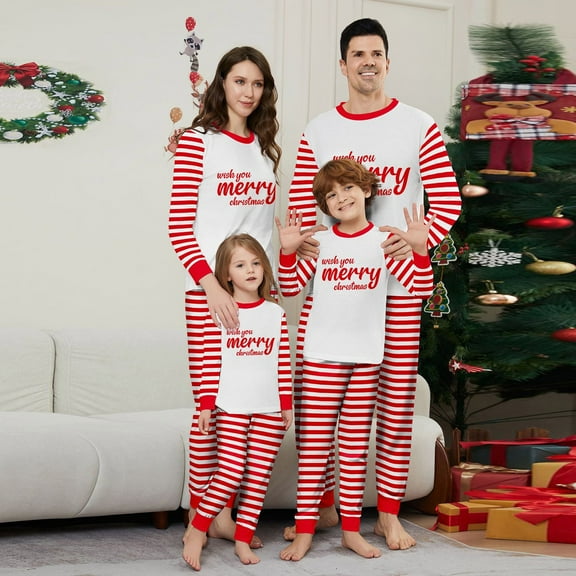 Onlypjs Family Matching Christmas Pajamas Set – Red & White Striped "Wish You Merry Christmas" Holiday Sleepwear for Women, Men