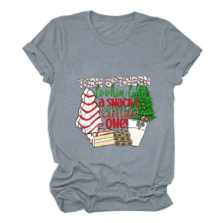 

Long Sleeve Shirts for Women Womens Long Sleeve Tops Women s Funny Christmas Print Short Sleeved Women s Tops Christmas Tree Letter Print T-shirt Workout Tops Workout Tank Tops for Women Gray L