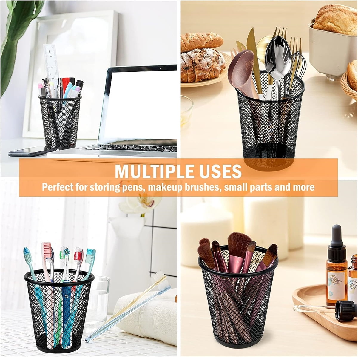 Metal Pen Holder,Happon 6 Pack Mesh Pencil Holder Desk Organized, Makeup Brush Holders, Round Wire Pen Cup Marker Holder for Desk Organizer for Home Office, Black