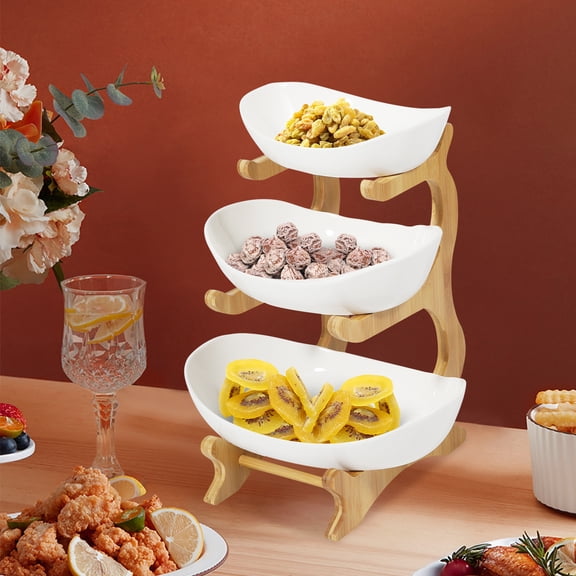 3-tier Bambo&Ceramic Oval Wooden Serving Tray Cake Stand Assembly Fruit Tray Server Snacks Cake Rack