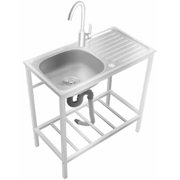 Outdoor Utility Sink with 360° Faucet, Freestanding Stainless Steel Laundry Tub with Storage Shelf, Portable Single Bowl Sink Station for Garage, Kitchen, Restaurant, Camping, Backyard