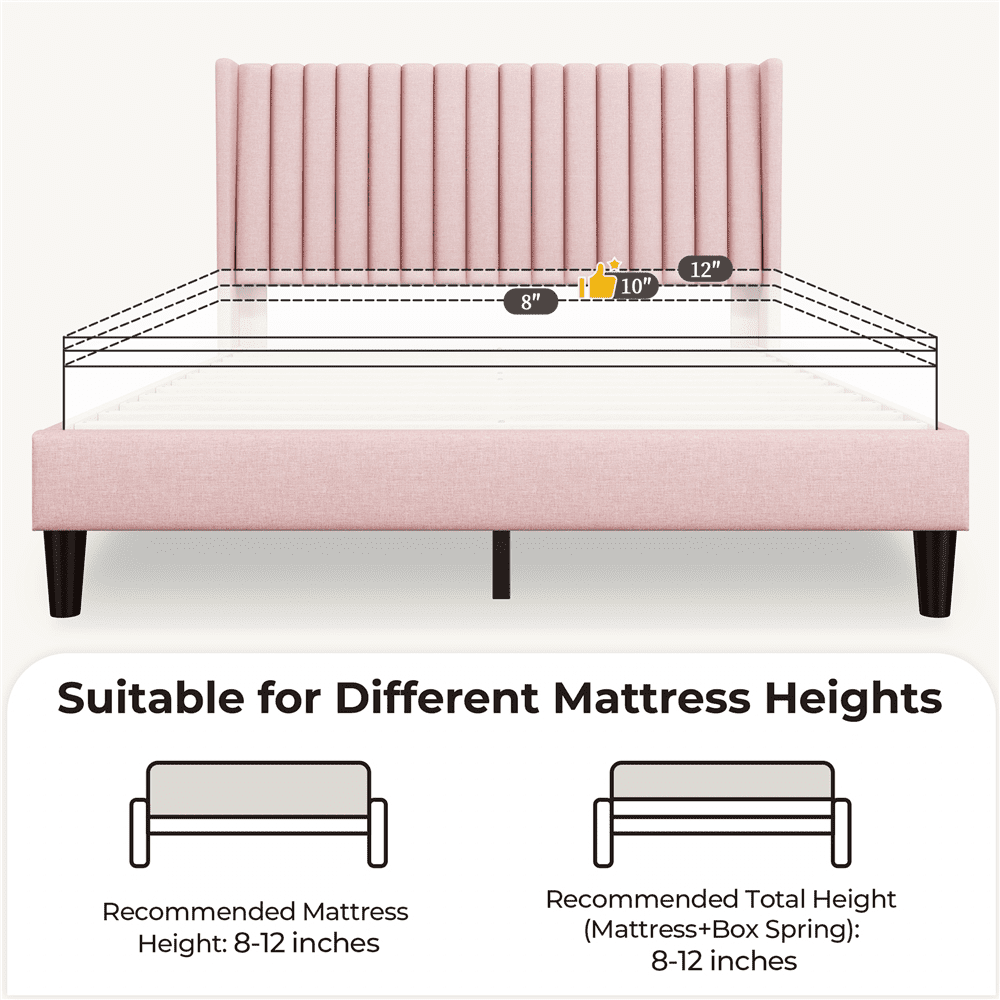 Renwick Upholstered Platform Bed Frame with Channel Tufted Headboard, Queen, Pink