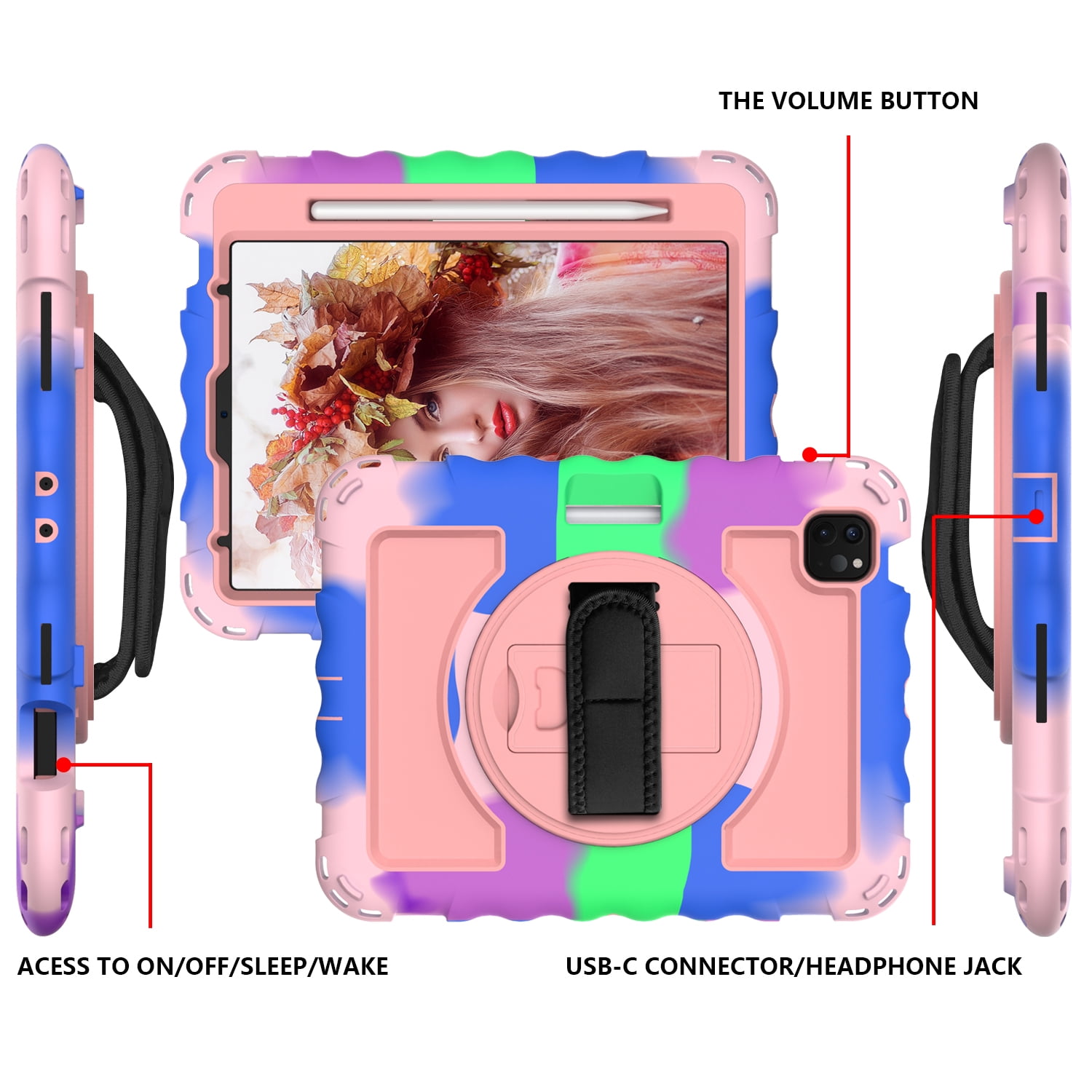 Allytech iPad Air 5 4 10.9 Case 2022/2020, Heavy Duty Shockproof Kids Case with Pencil Holder Hand Strap Kickstand Shoulder Strap for Apple iPad Air 5th 4th Generation 10.9 Inch -Rainbow/Rosegold