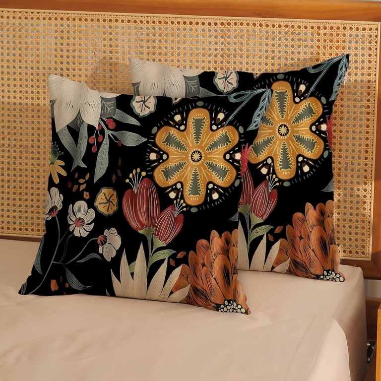 Boho Mid Century Pillow Covers 16x16 Inch, Set Of 2 - Green Gold Bohemian Leaf Print, Linen