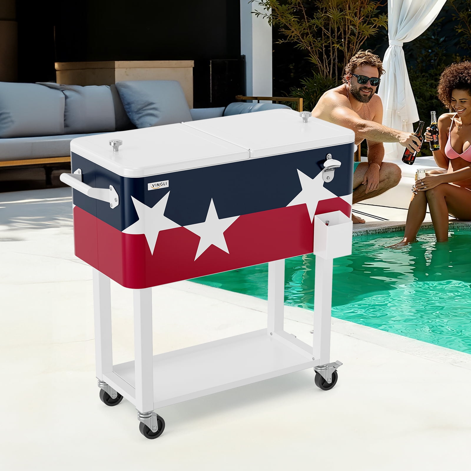 Ktaxon 80 Qt Rolling Ice Chest Cooler Cart Outdoor Trolley with Storage Shelf, Bottle Opener & Cap Collector for 48 Hour Cold Drinks, Large Five-pointed Star