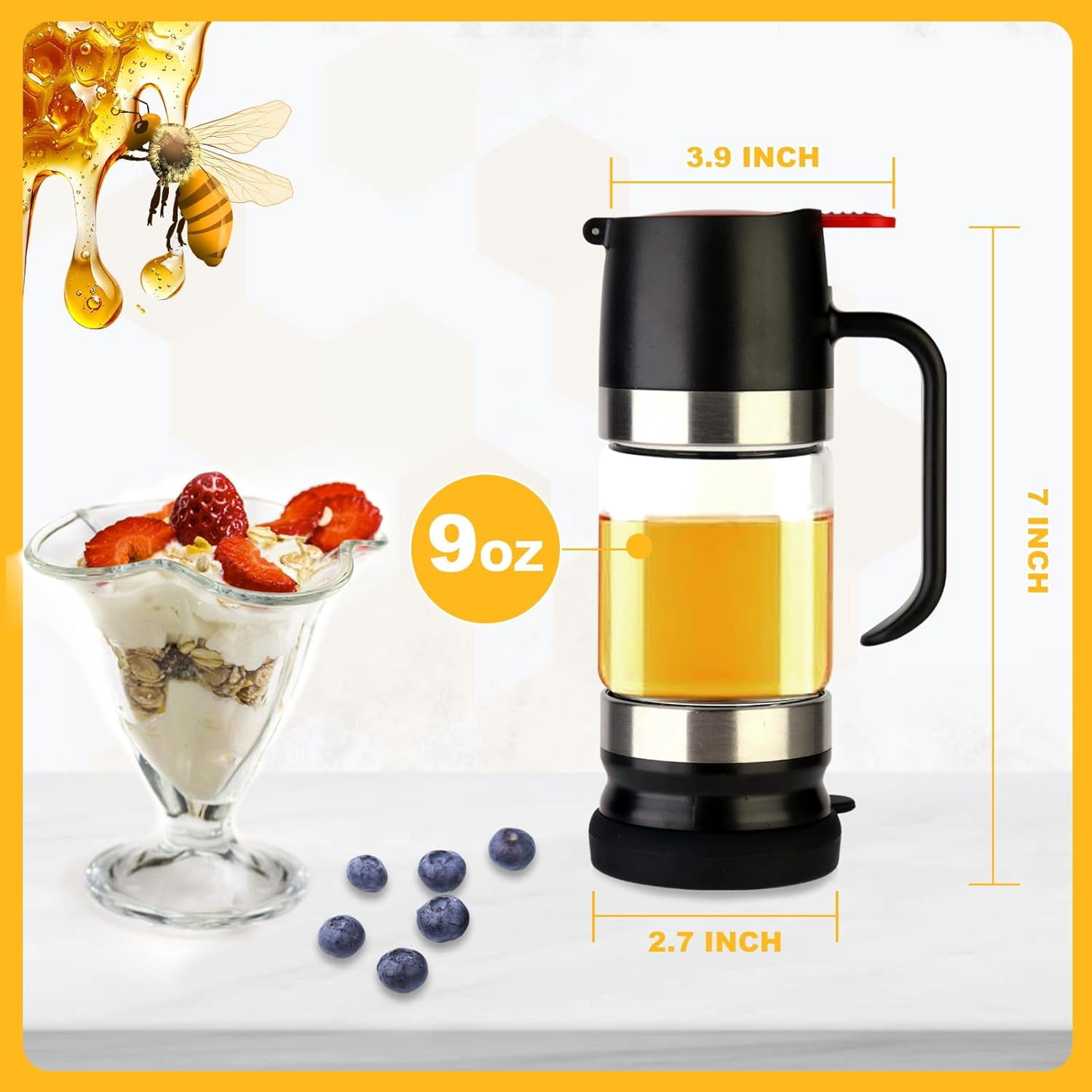Glass Honey Dispenser No Drip, Maple Syrup Dispenser for Coffee, Tea, Pancake, Black (9 OZ, 1 Pack) U14