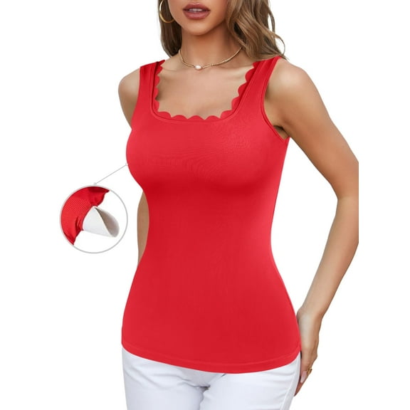 ANFERRY Women's Tank Tops Scalloped Square Neck Camisoles Sleeveless Built in Bras Athletic Casual Cami Shirts