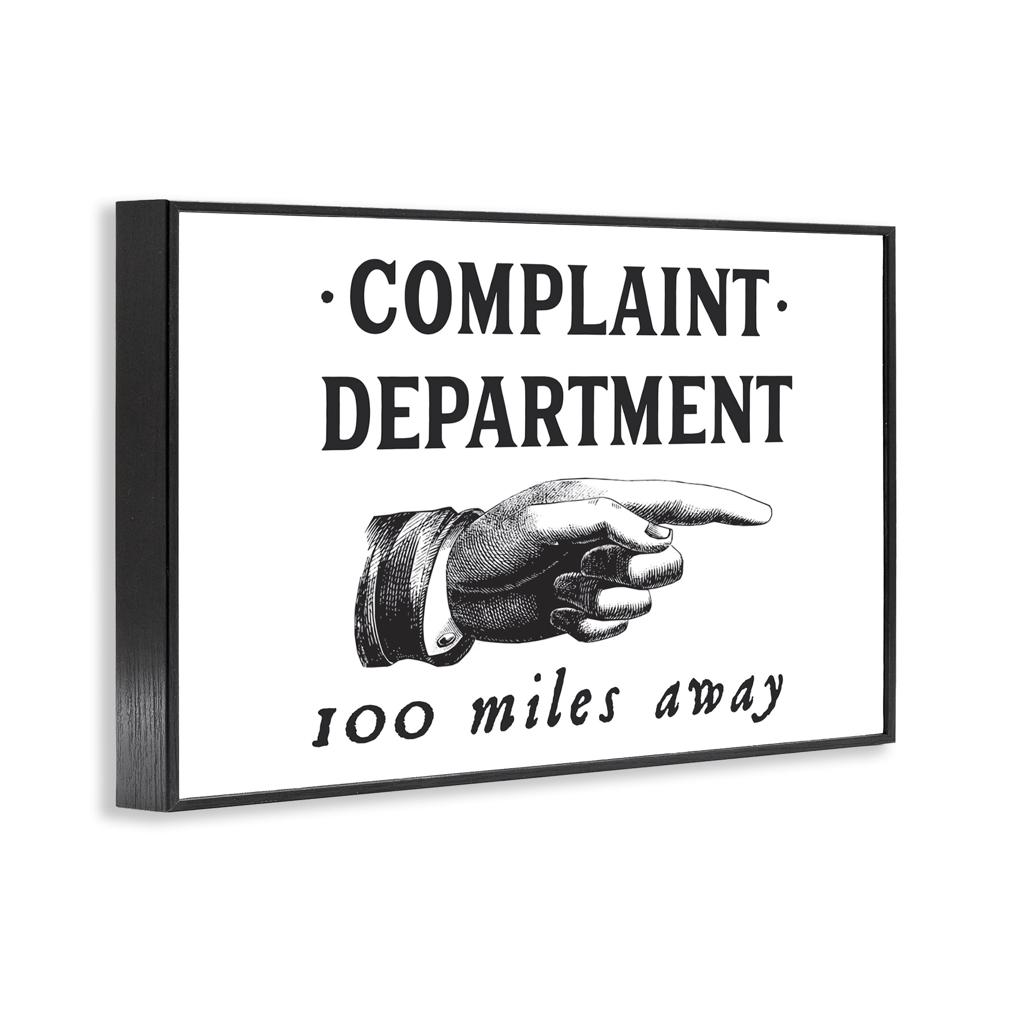 Stupell Industries Complaint Department Pointing Typography Painting Black Framed Art Print Wall Art, 30 x 20