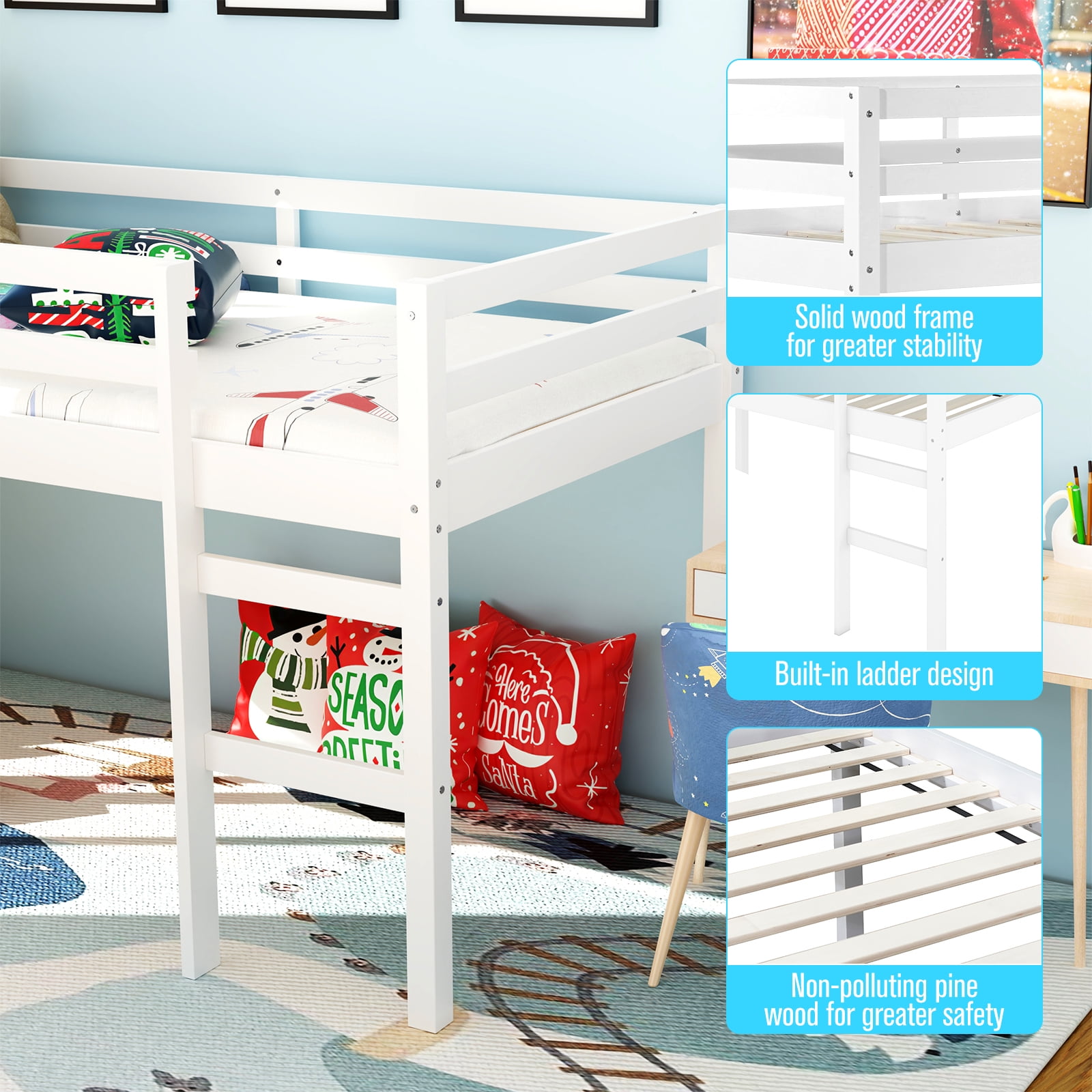 Miniyam Wood Twin Size Loft Bed for Kids, Space-Saving Design, White