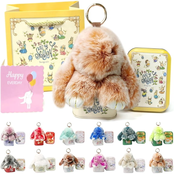 Soft Bunny Keychain with Tin,Cute Easter Gift Plush Keychain for Backpack,Bag Charm Gift Key Chain (Khaki)