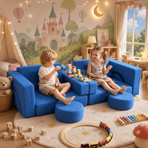 14-Piece Modular Kids Play Couch – Convertible Sofa with Premium Soft Foam, Removable Cover, Comfortable & Safe Toddler Couch for Living Room & Playroom - Blue