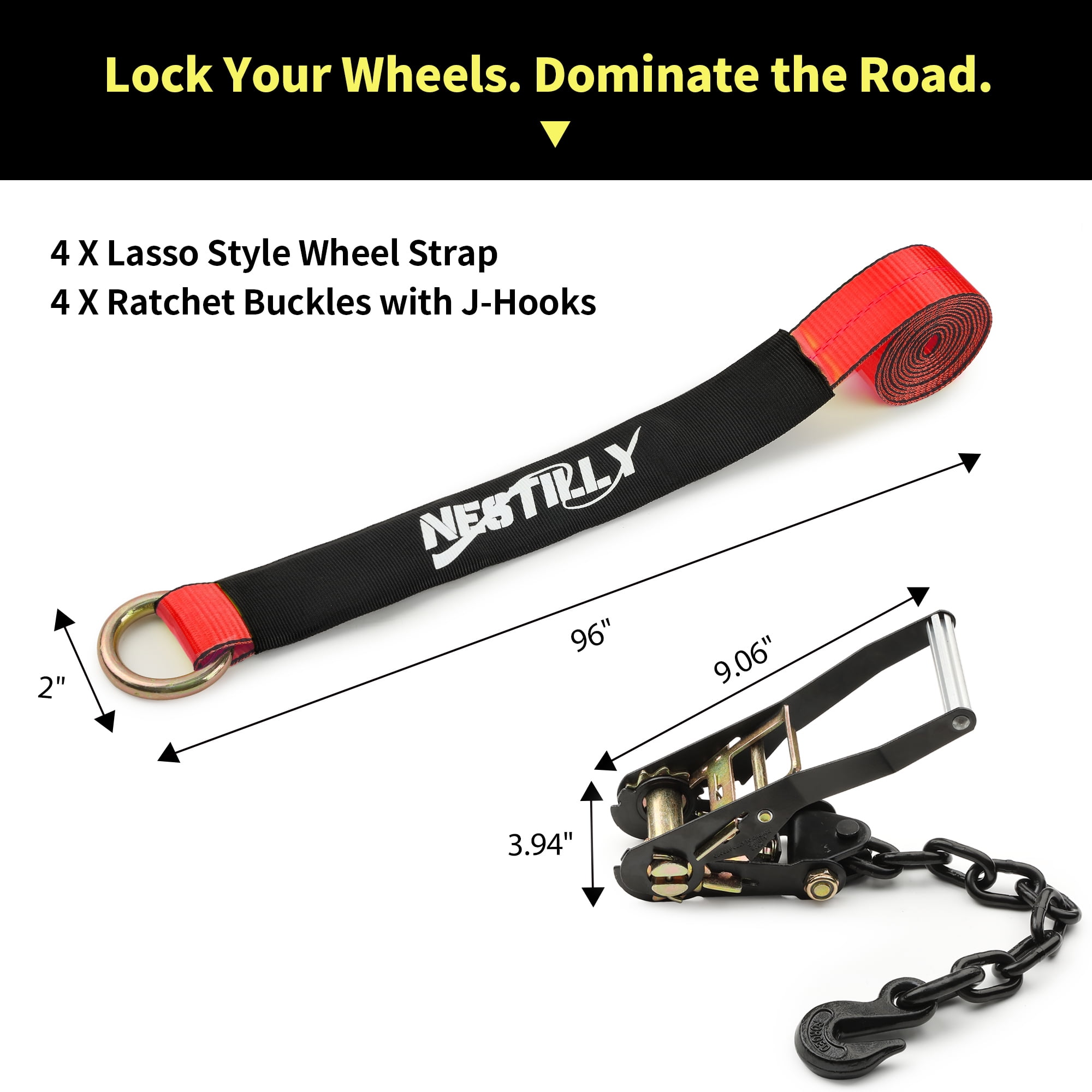 4 Pack Reflective Wheel Tie Down Straps for Trailers,Tire Ratchet Strap with Chain Anchors - 2" x 96" 9900LBS Break Strength,Lasso Style Car Hauler Straps for Hauling UTV, SUV, Truck, Any Cars, Red