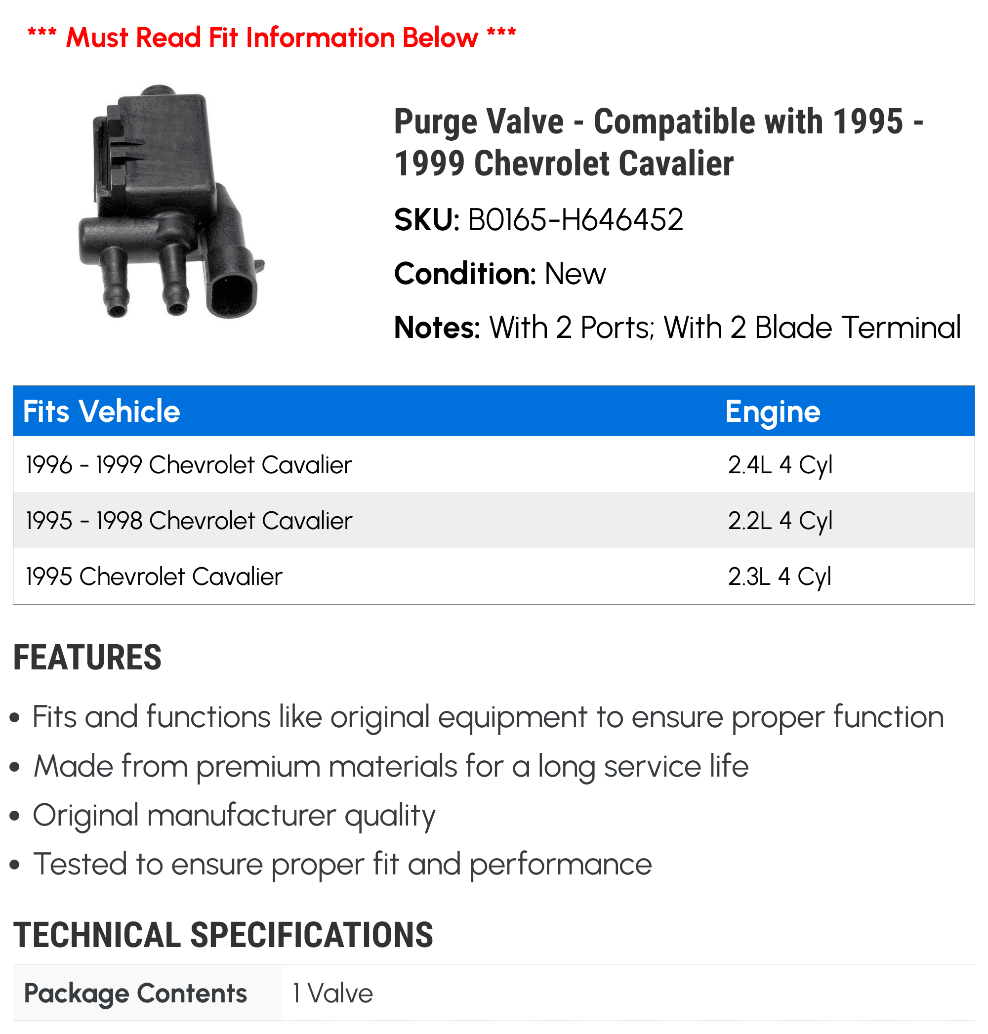 Purge Valve - Compatible with 1995 - 1999 Chevy Cavalier 1996 1997 1998