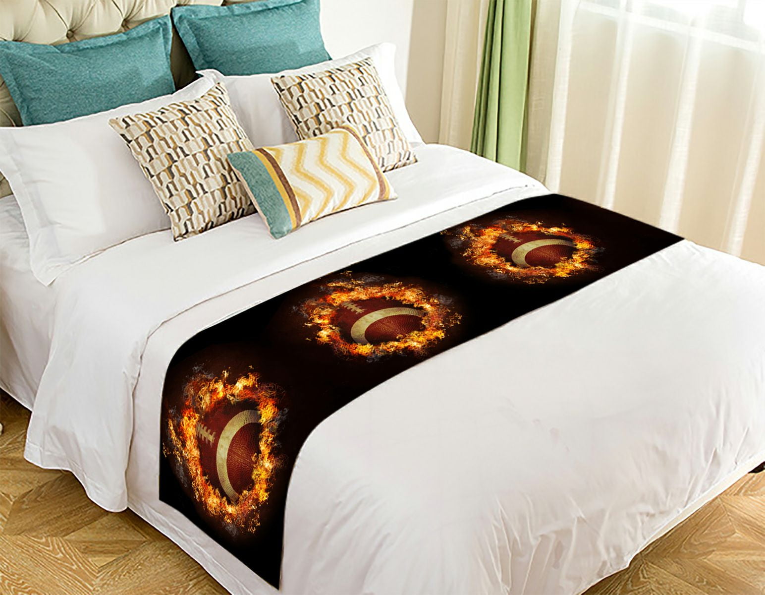 Gckg Flaming American Football Bed Runner Bedding Scarf Size 20x95 Inches