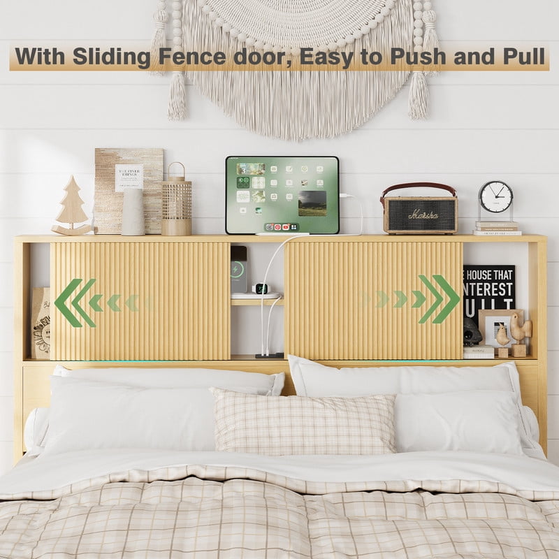 Lumiinofami Queen Size Bed Frame with Storage Drawers, Platform Bed with Charging Station and Storage Headboard, No Box Spring Needed, Noise-Free, Oak