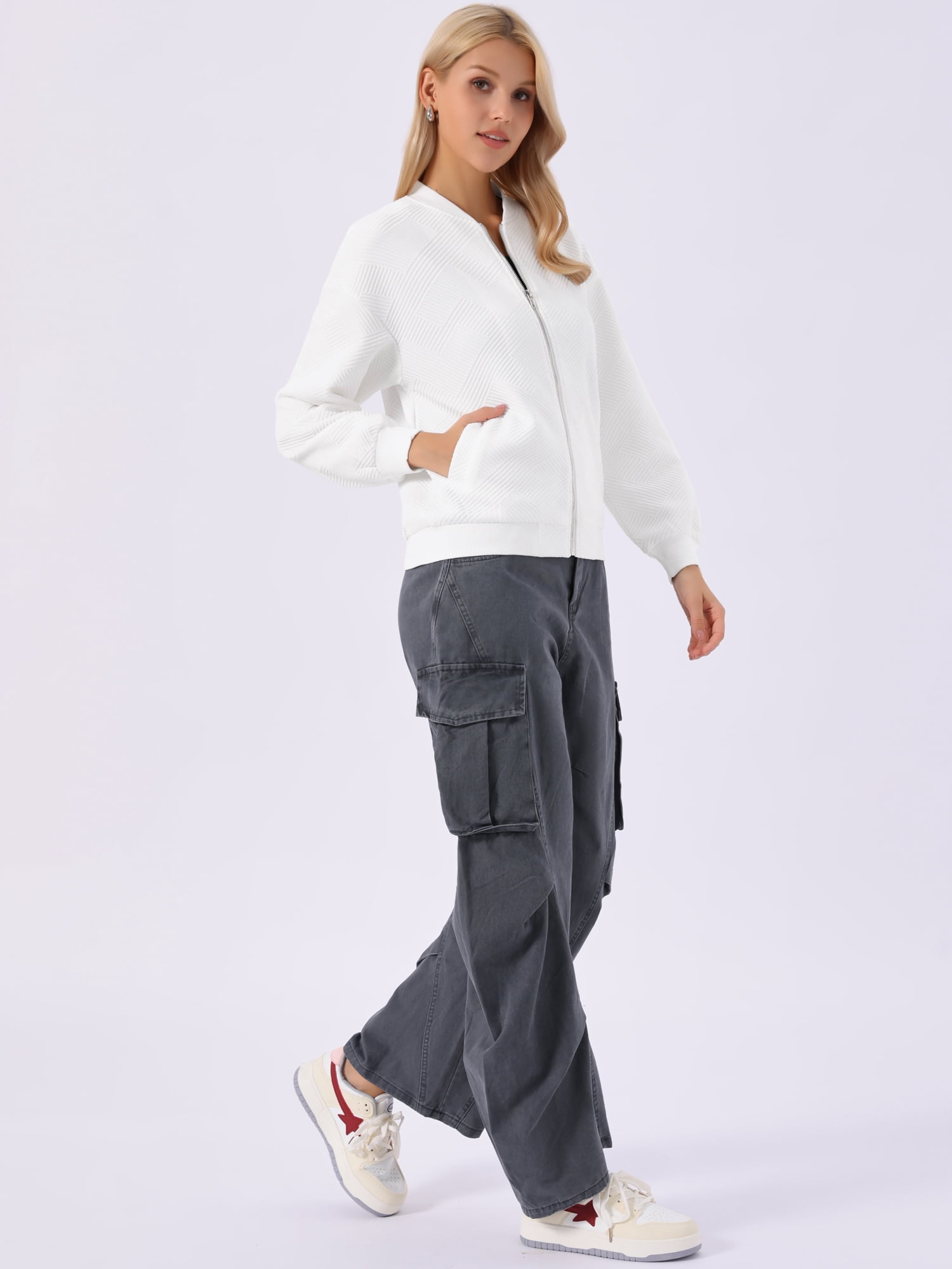 DARING DIVA Women's Zip Up Long Sleeve Spring Outfit Jacket L White