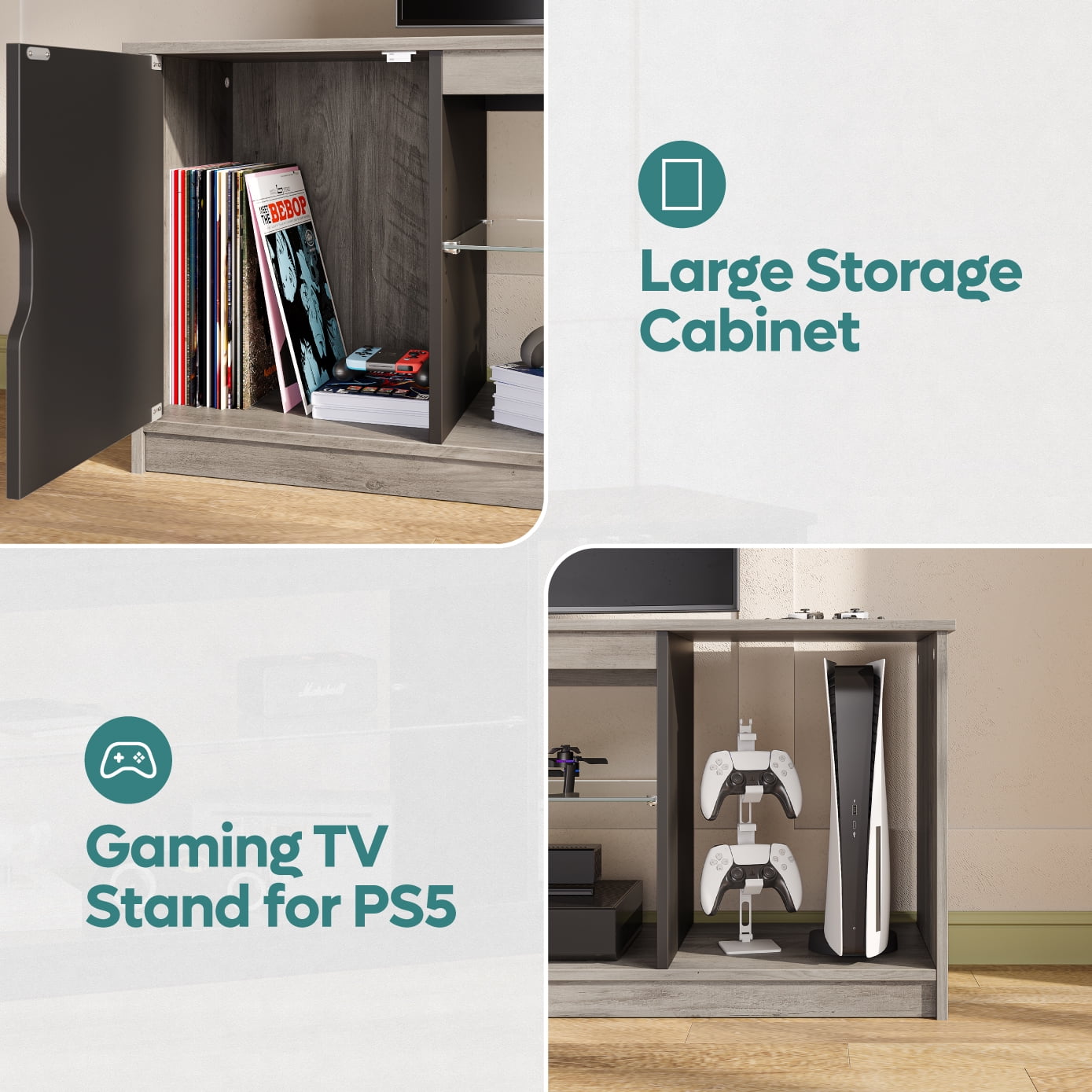 Bestier LED TV Stand for TVs up to 65 inch TV Gaming Entertainment Center for TVs, Grey Wash
