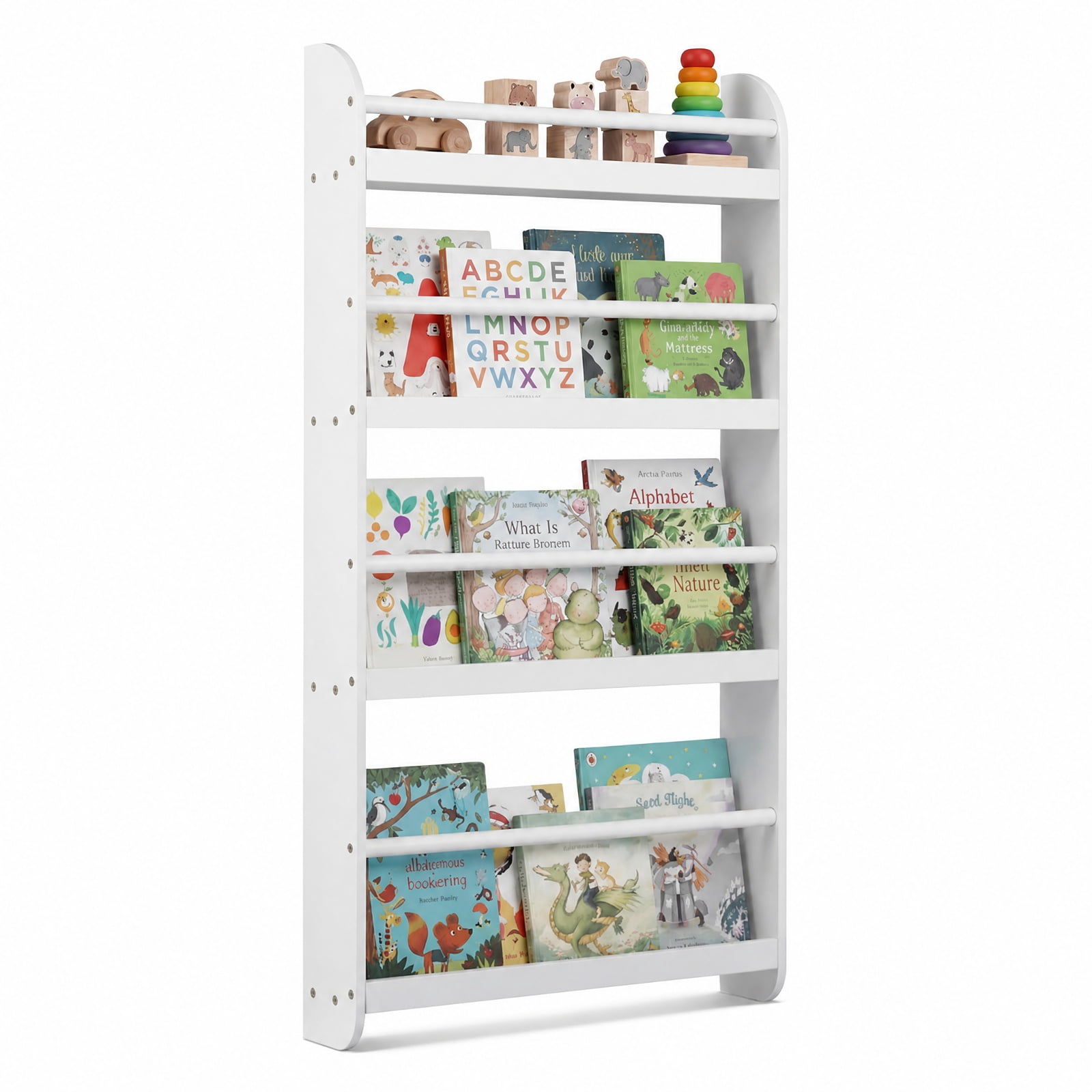 Furnibear 4-Tier Bookshelf Organizer for Toys and Books with Basswood Crossbar for Living Room Home Office Bedroom Display Storage Shelf, White